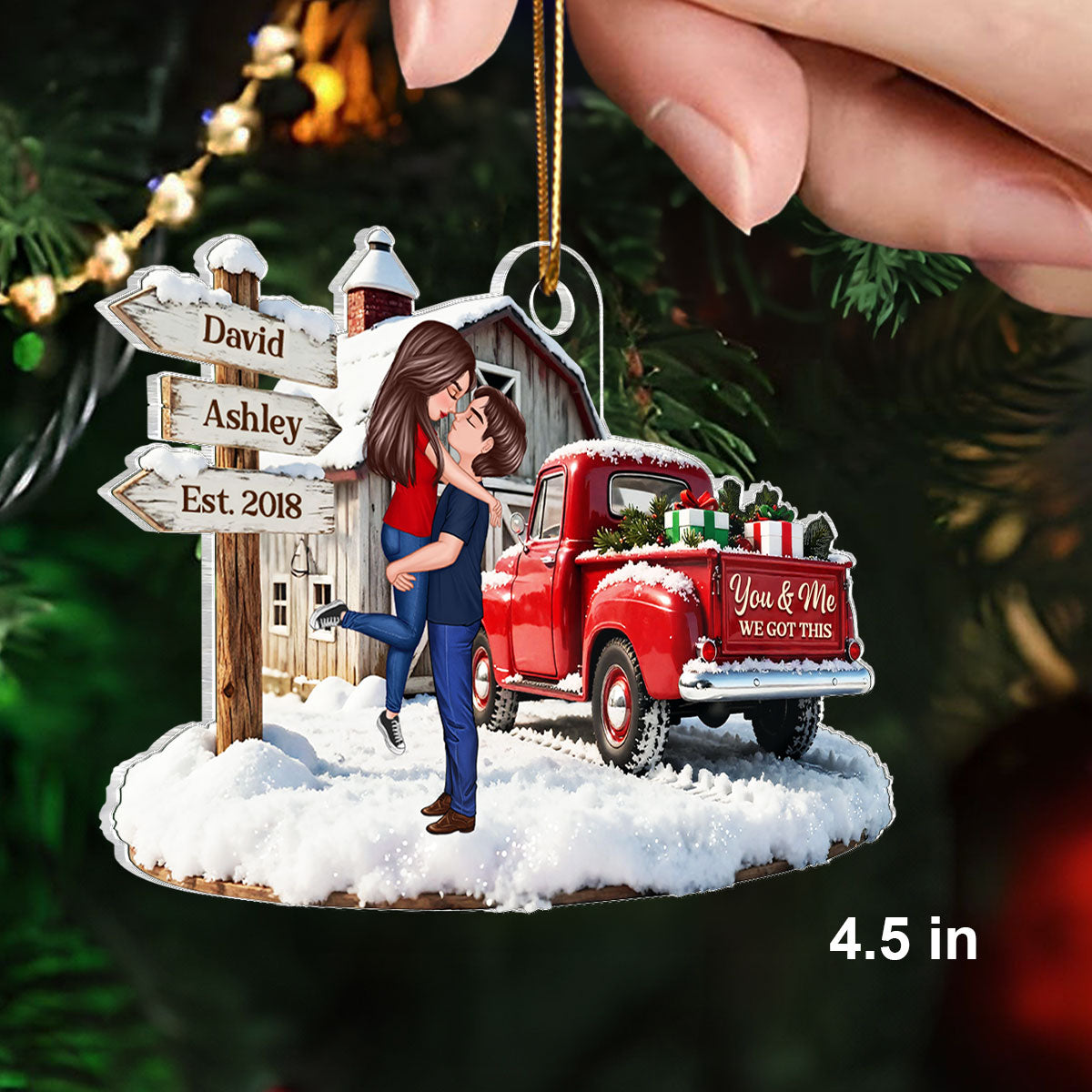 Christmas Truck Barn House Couple Sign Post - Personalized Acrylic Ornament - Christmas Gift For Her, For Him, For Couple
