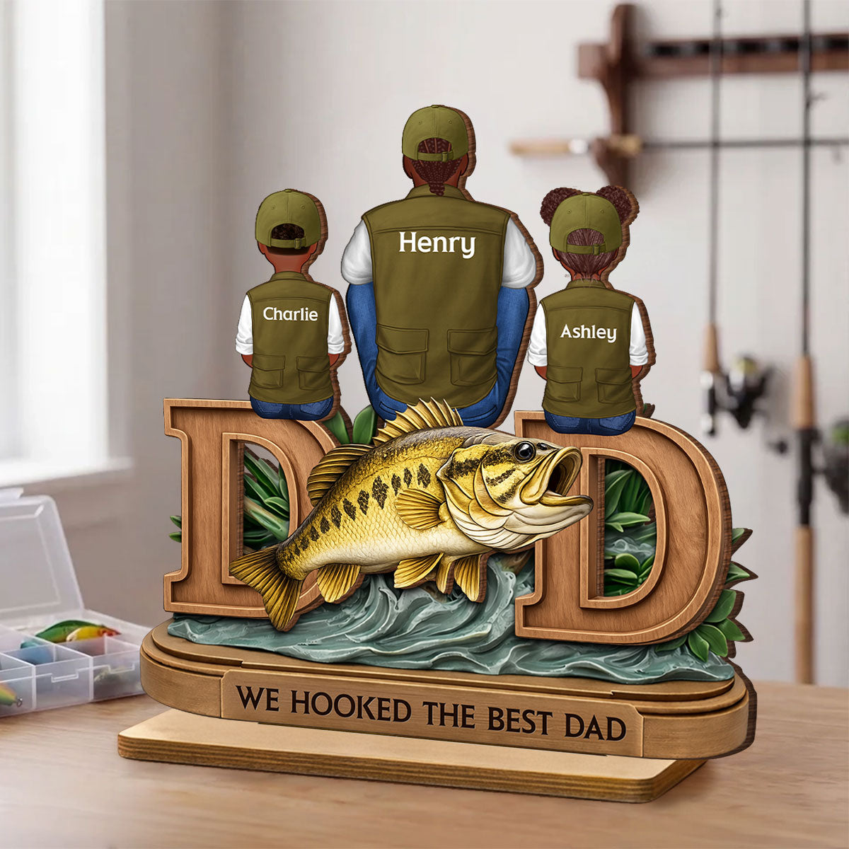 Fishing Dad And Kids Sitting Together - Personalized 2-Layered Wooden Plaque - Heartfelt Gift For Dad, Gift For Husband