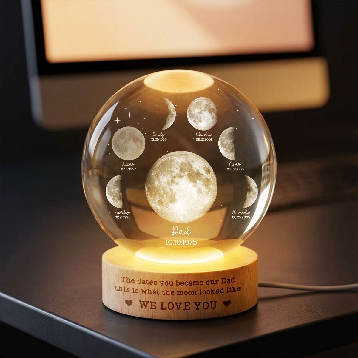 The Date You Became Our Dad - Personalized Crystal Ball LED Night Light - Custom Moon Phase by Date,  Gift for Dad, Husband