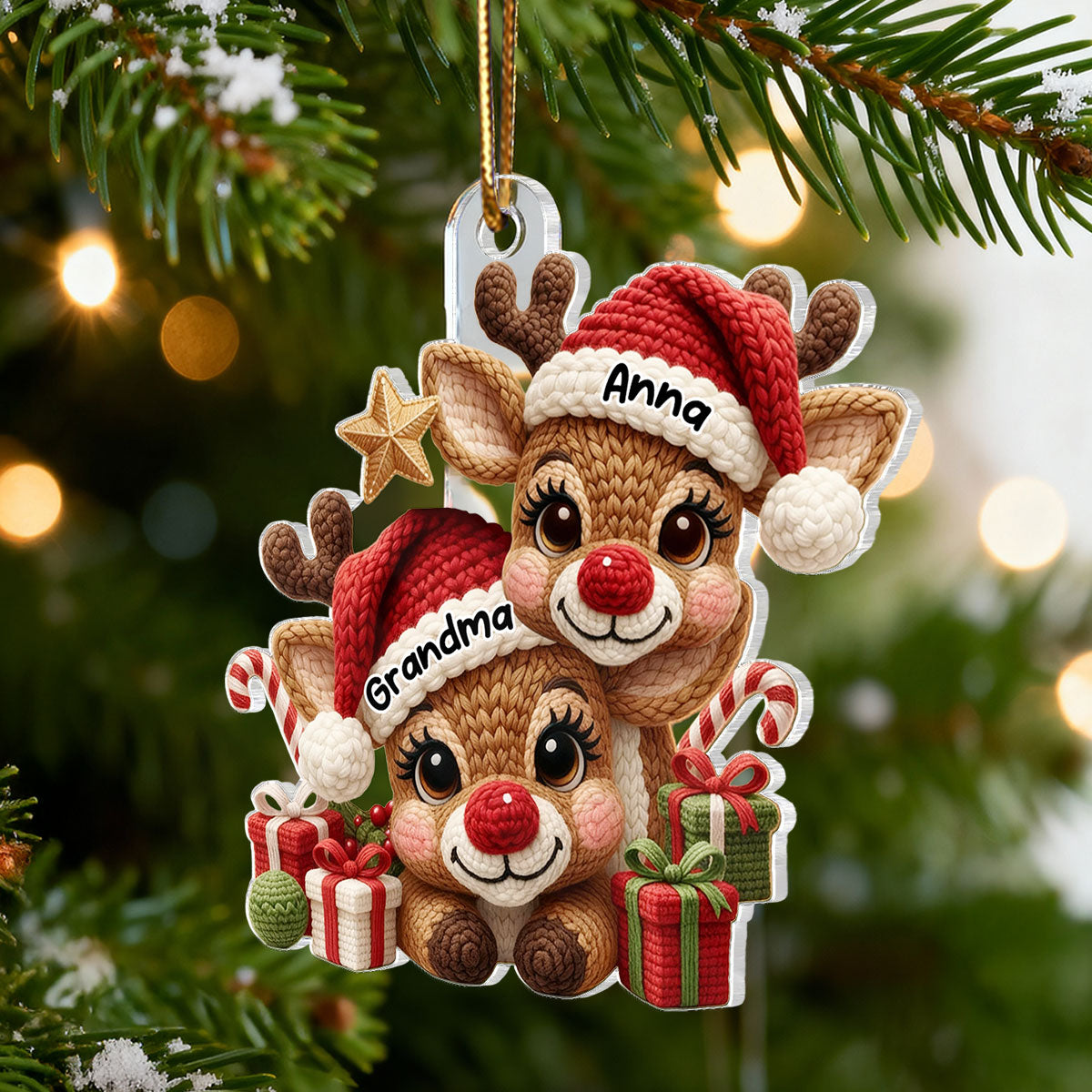 3D Effect Faux Yarn Grandma & Grandkids Reindeer Christmas - Personalized Acrylic Ornament - Gift for Grandma, Grandkids