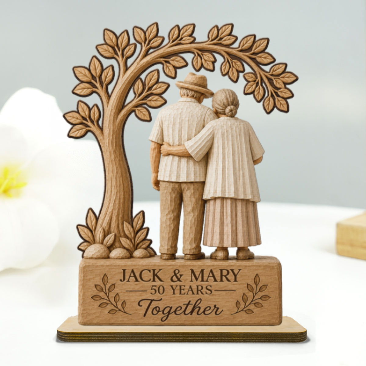 Rustic Old Couple Walking Anniversary Gift - Personalized 2-Layered Wooden Plaque - Wedding Year Decor