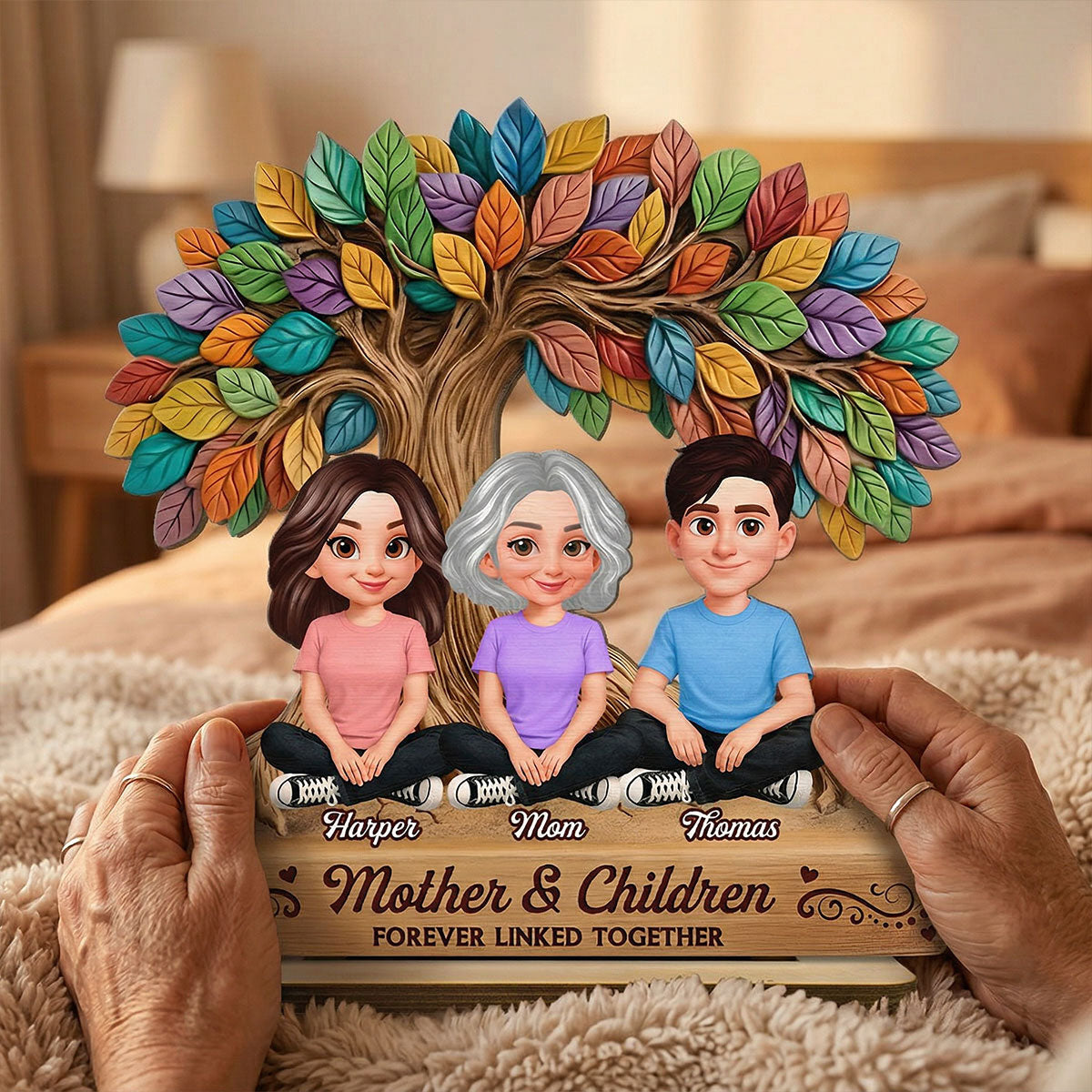 Mom And Son Daughter Under Colorful Tree Of Life - Personalized 2-Layered Wooden Plaque - Gift For Mom