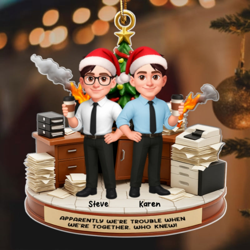 Office Chaos Funny Coworkers Trouble Together - Personalized Acrylic Ornament - Custom Employee Gift Exchange, White Elephant Gift