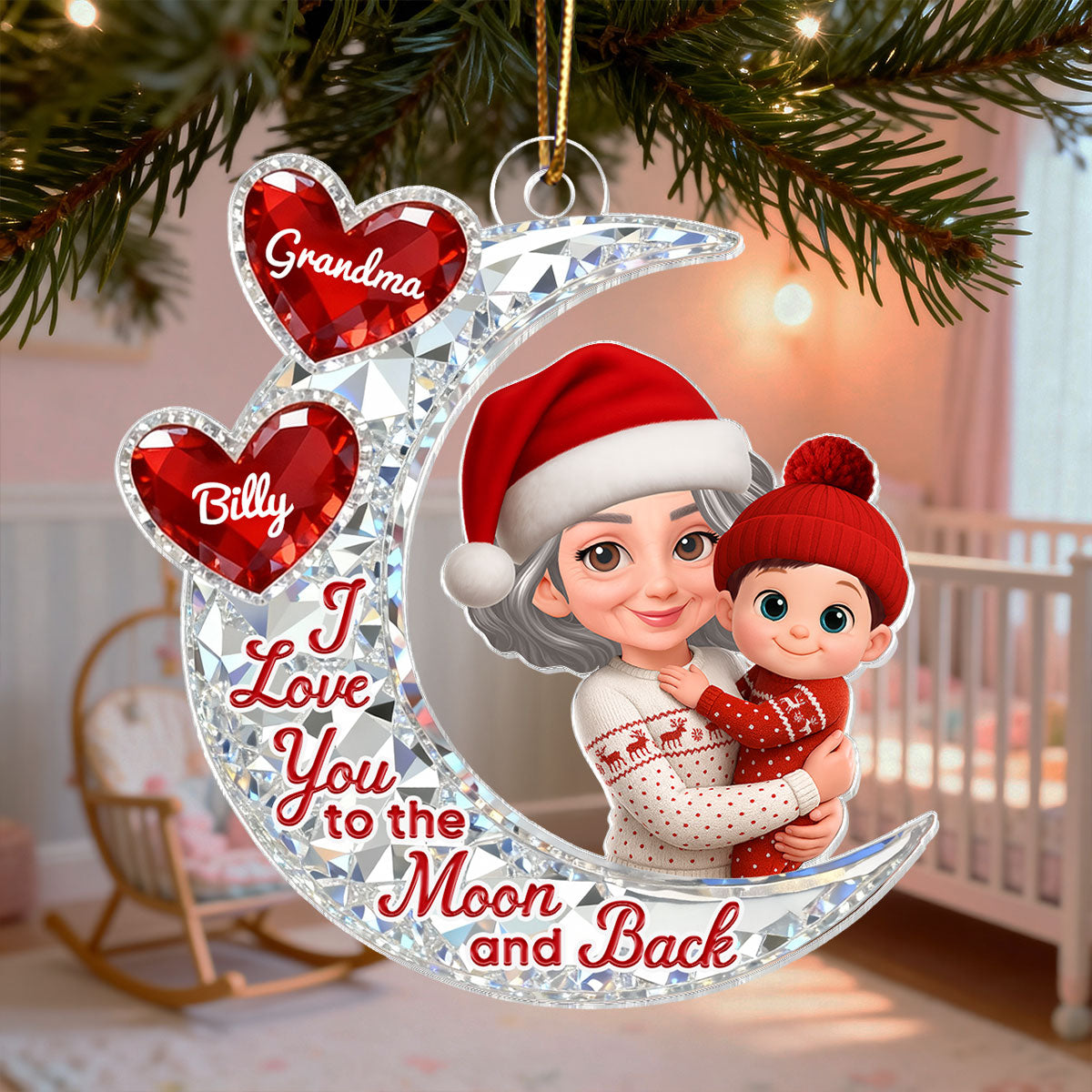 3D Effect Flat Moon Grandma Grandkid Love You To The Moon And Back - Personalized Acrylic Ornament - Christmas Gift For All Grandkids