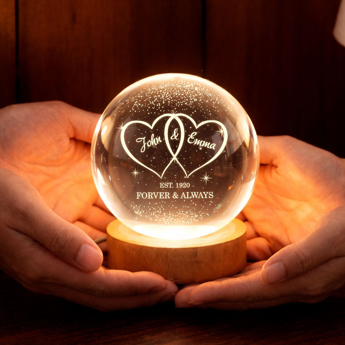 Couple Hearts Interlocked - Personalized Crystal Ball LED Night Light - Heartfelt Valentine's Day Gift for Her, for Him