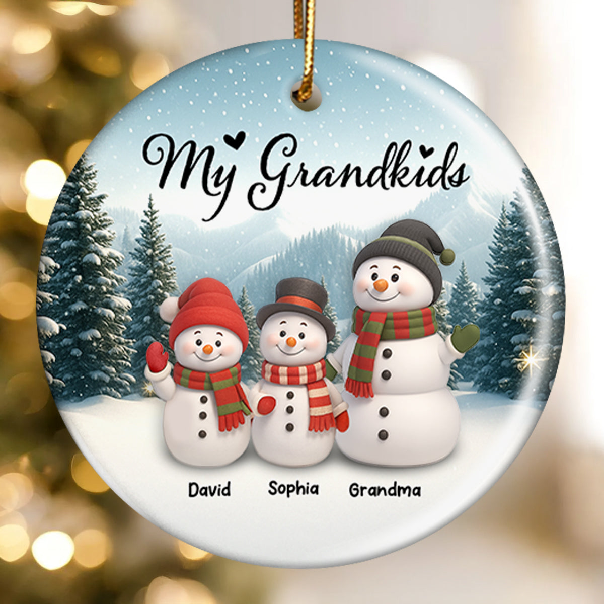 Grandma Grandkids Snowman - Personalized Ceramic Ornament with Acrylic - Unique Christmas Gift for Grandma