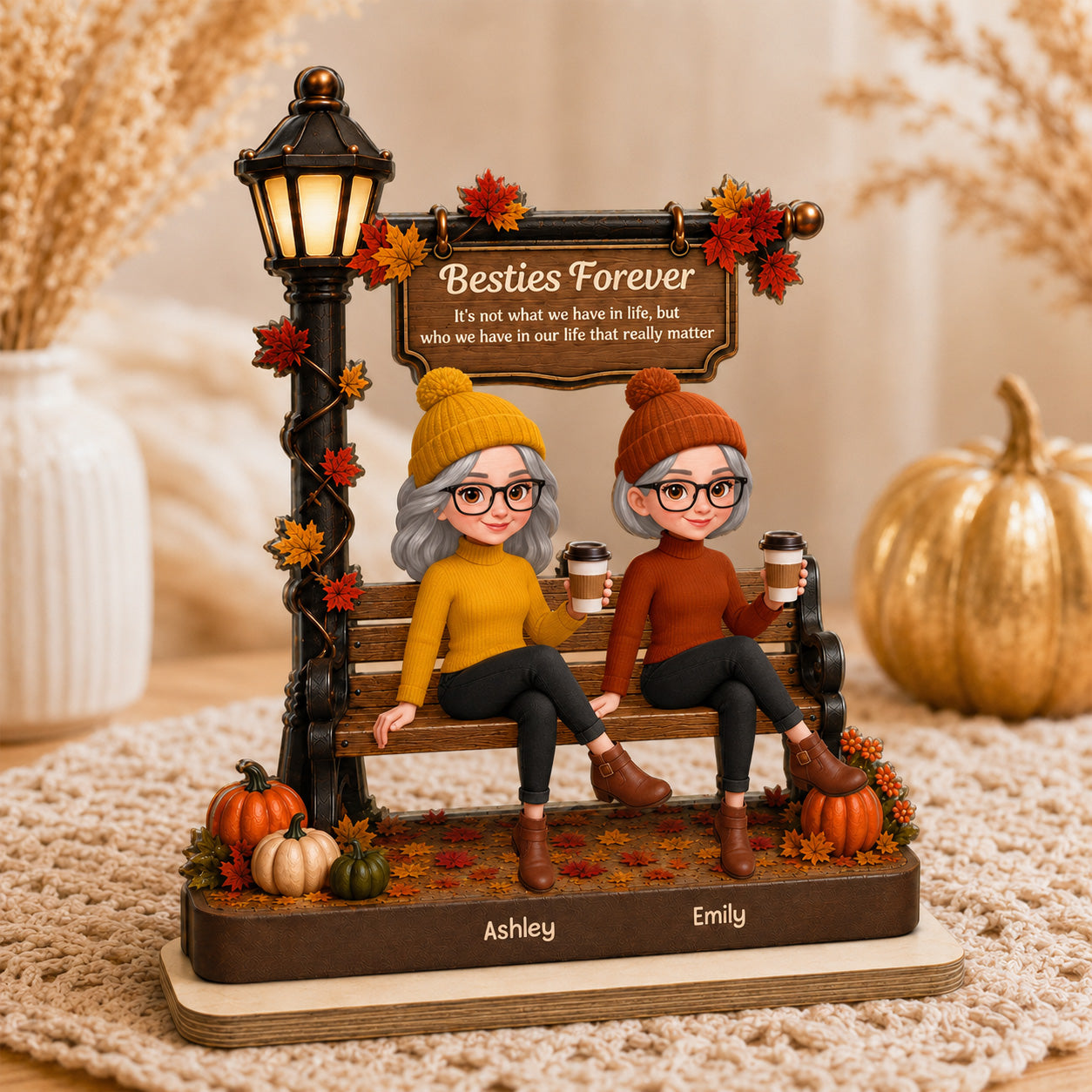 Fall Season Besties Sitting Under Lamp Post - Personalized Wooden Plaque