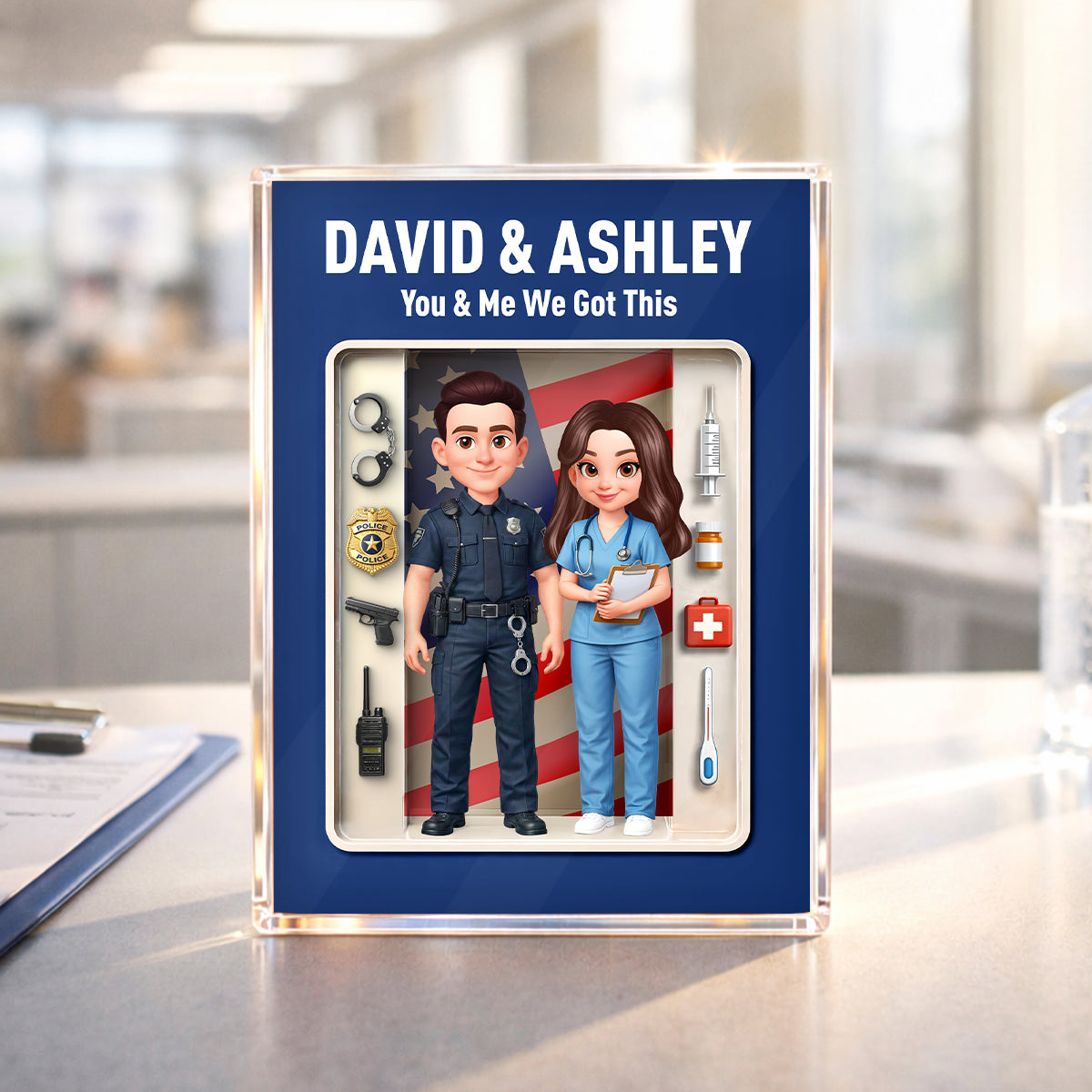 Police & Nurse Couple 3D Action Figure - Personalized Acrylic Block Plaque - Heartfelt Gift for Him, for Her