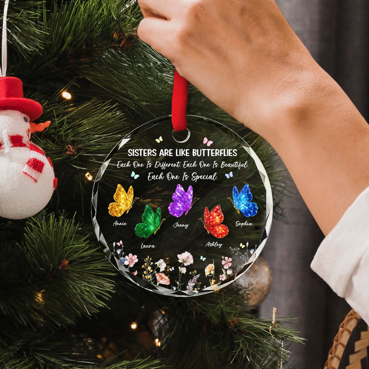 Sisters Are Like Different Butterflies - Personalized Glass Ornament - Heartwarming Christmas Gift For Sisters, Besties