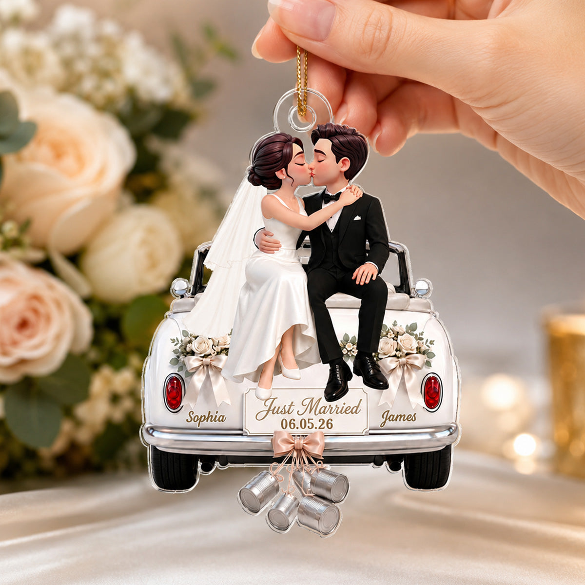 Groom Bride Sitting On Wedding Car 2D Flat - Personalized Acrylic Ornament - Wedding Keepsake