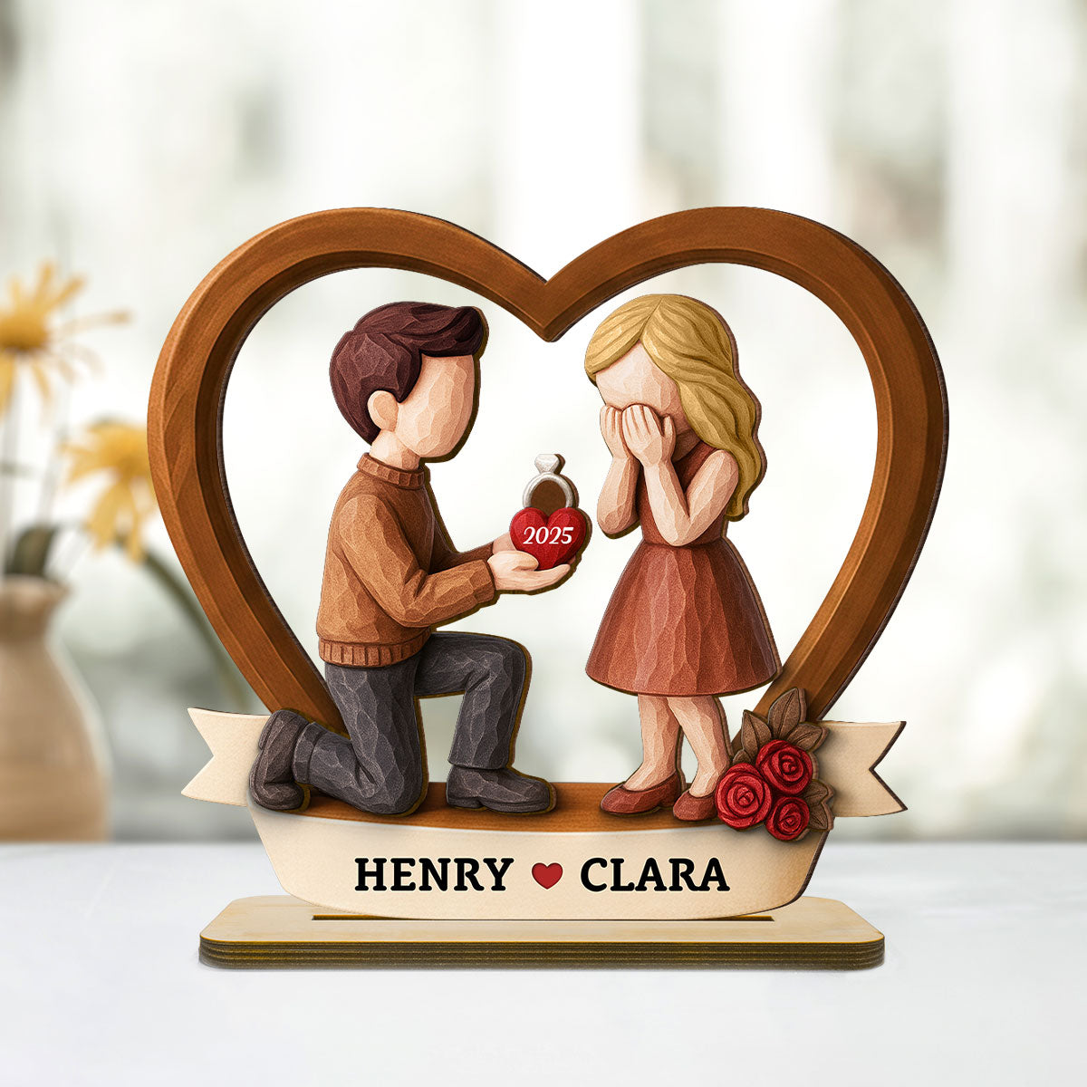 Couple Marriage Proposal 3D Wooden Effect - Personalized Wooden Plaque - Newly Engaged Gift, "She Said Yes!"