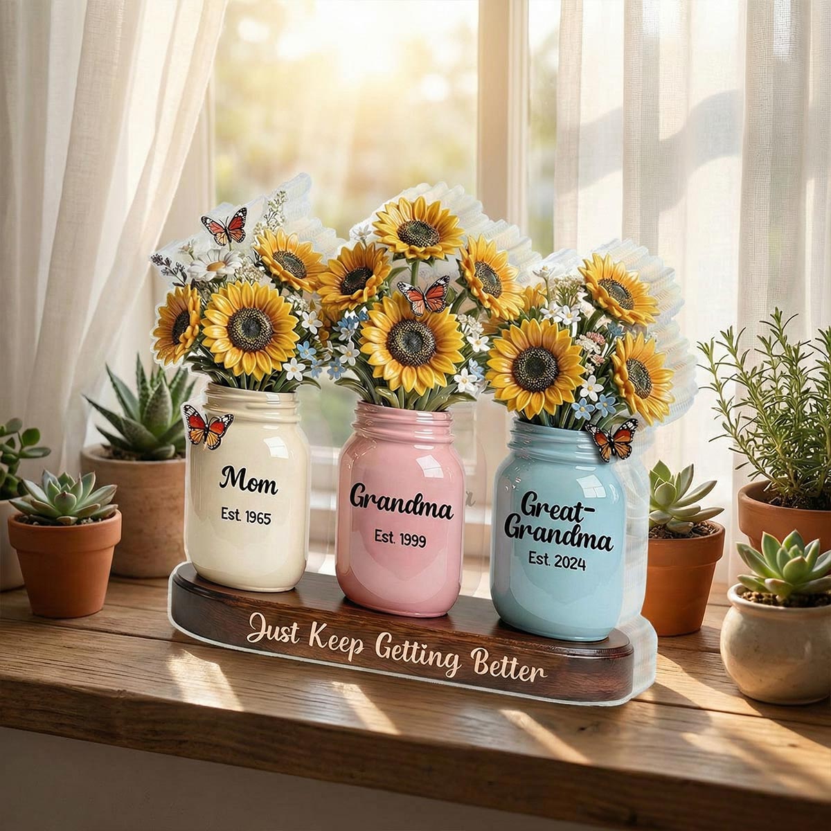 Mom Grandma Great Grandma Sunflowers Jars Est. Years 2D Flat - Personalized Acrylic Block Plaque