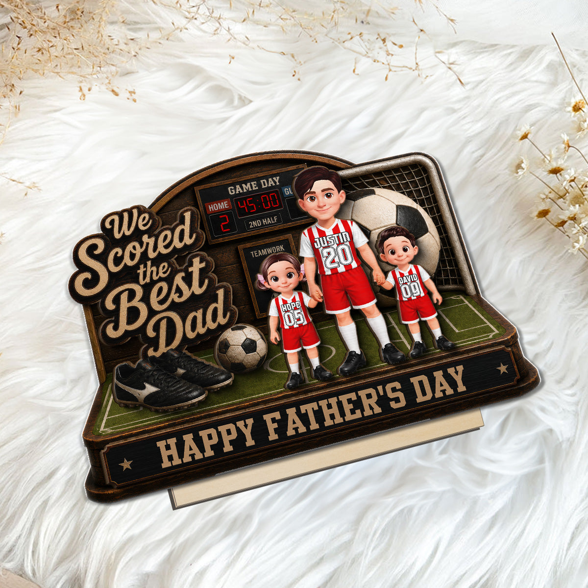 Soccer Dad & Kids On Court 2D Flat - Personalized 2-Layered Wooden Plaque -  Gift For Soccer Dad, UK Football Dad