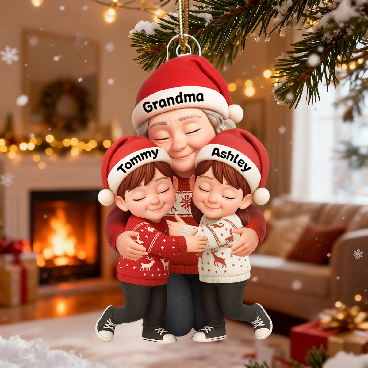 Grandma’s Loving Embrace – Custom Ornament with Grandkids’ Names – A Cherished Christmas Keepsake for Grandma, Grandkids