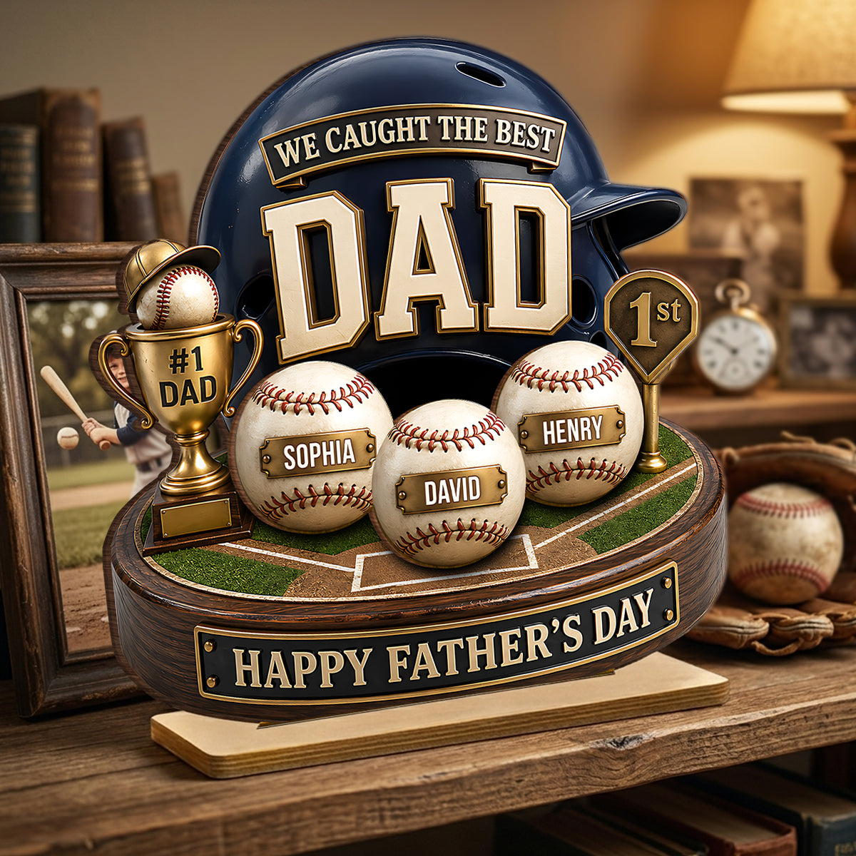 Baseball Trophy We Caught The Best Dad - Personalized 2-Layered Wooden Plaque -  Gift For Dad, Husband