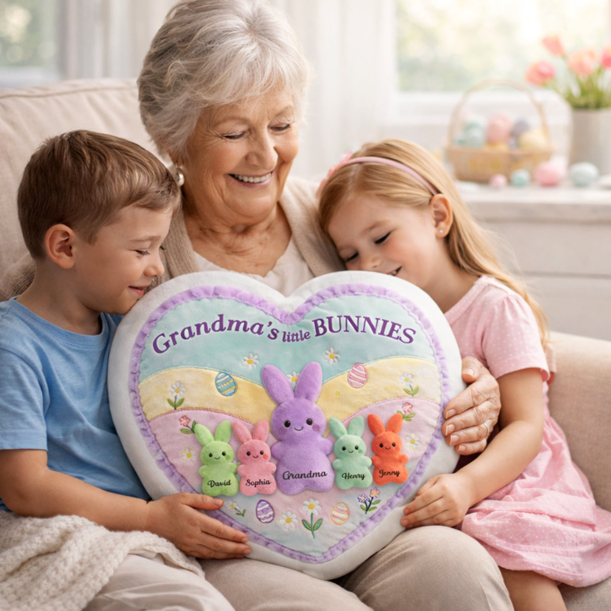 Grandma and Grandkids Bunnies - Personalized Faux Fur Pillow - Easter Decor Gift for Grandma, Mom
