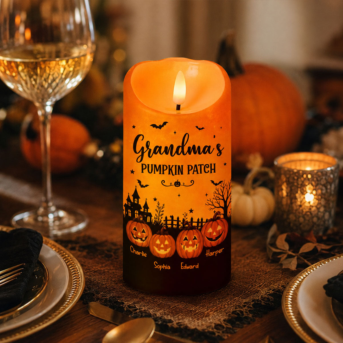Grandma's Pumpkin Patch Jack-o'-lantern Pumpkins - Personalized LED Candle - Perfect Halloween Decor For Grandma