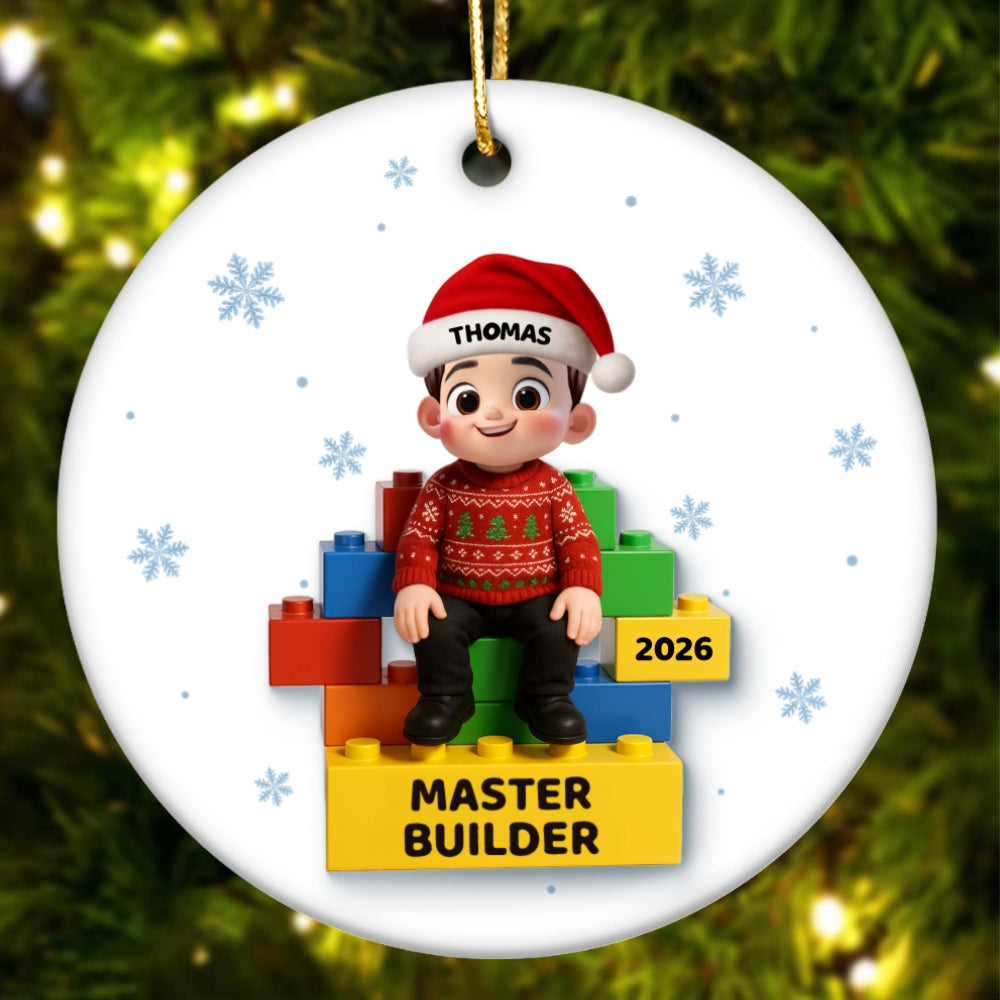 3D Effect Little Kid Master Builder Christmas - Personalized Ceramic Ornament - Christmas Gift For Grandkids, Grandson, Granddaughter