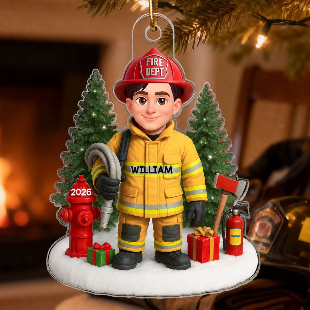 3D Effect Proud Firefighter With Signature Symbols Christmas - Personalized Acrylic Ornament