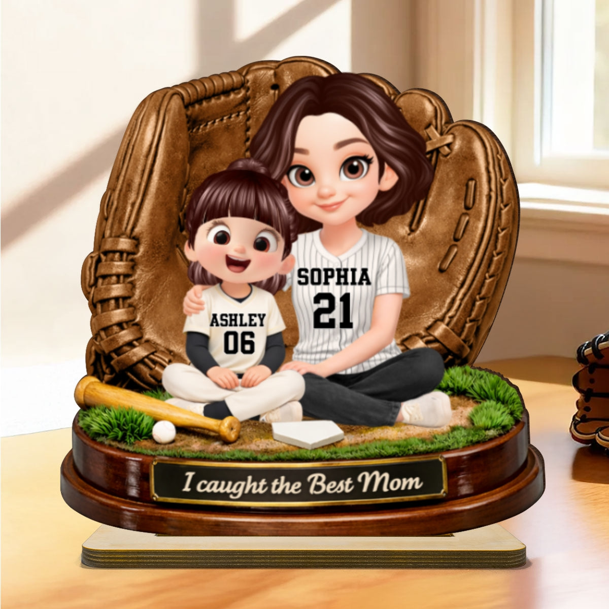 We Caught the Best Mom Baseball Softball - Personalized 2-Layered Wooden Plaque - Heartfelt Gift for Mom, Wife