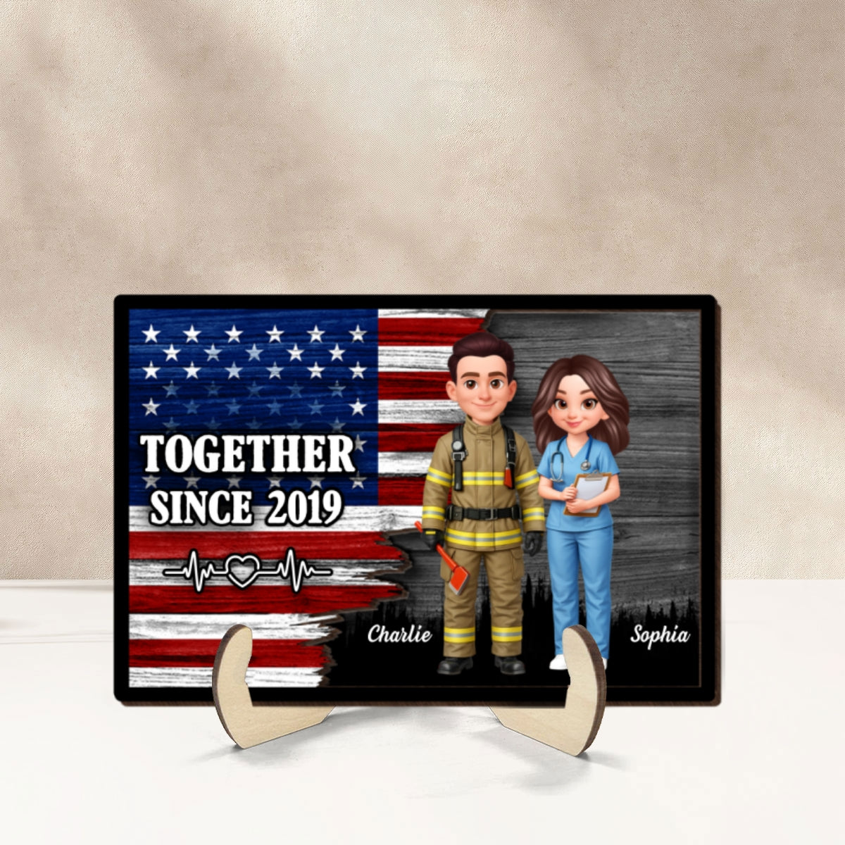 Custom Hero Couple Occupation Nation Flag - Personalized 2-Layered Wooden Plaque - Heartfelt Gift for Him, for Her