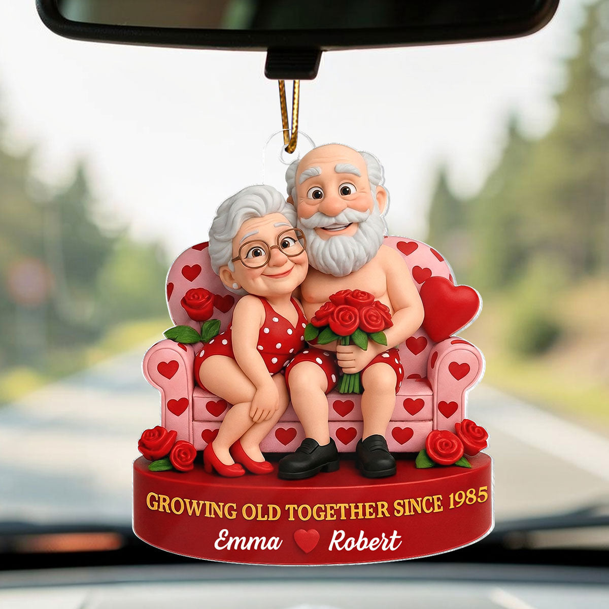Funny Old Couple Growing Old Together - Personalized Acrylic Car Hanger - Valentine's Day Gift for him, for her