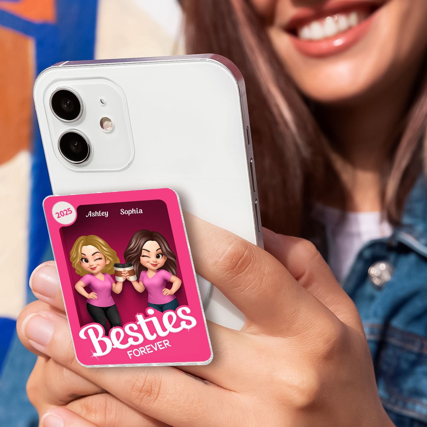 Besties Forever Pink 3D Effect Action Figure – Personalized Acrylic Magnetic Phone Grip – Gift for Best Friends, Matching Phone Grips