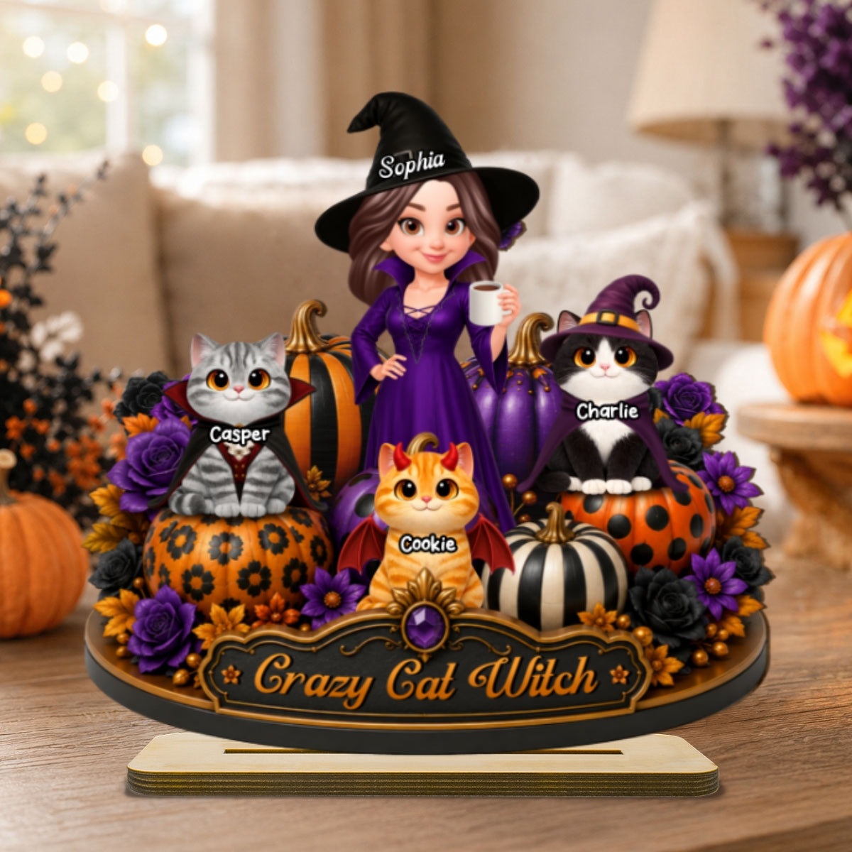 Crazy Cat Witch 2D Flat - Personalized Wooden Plaque - Halloween Decoration.