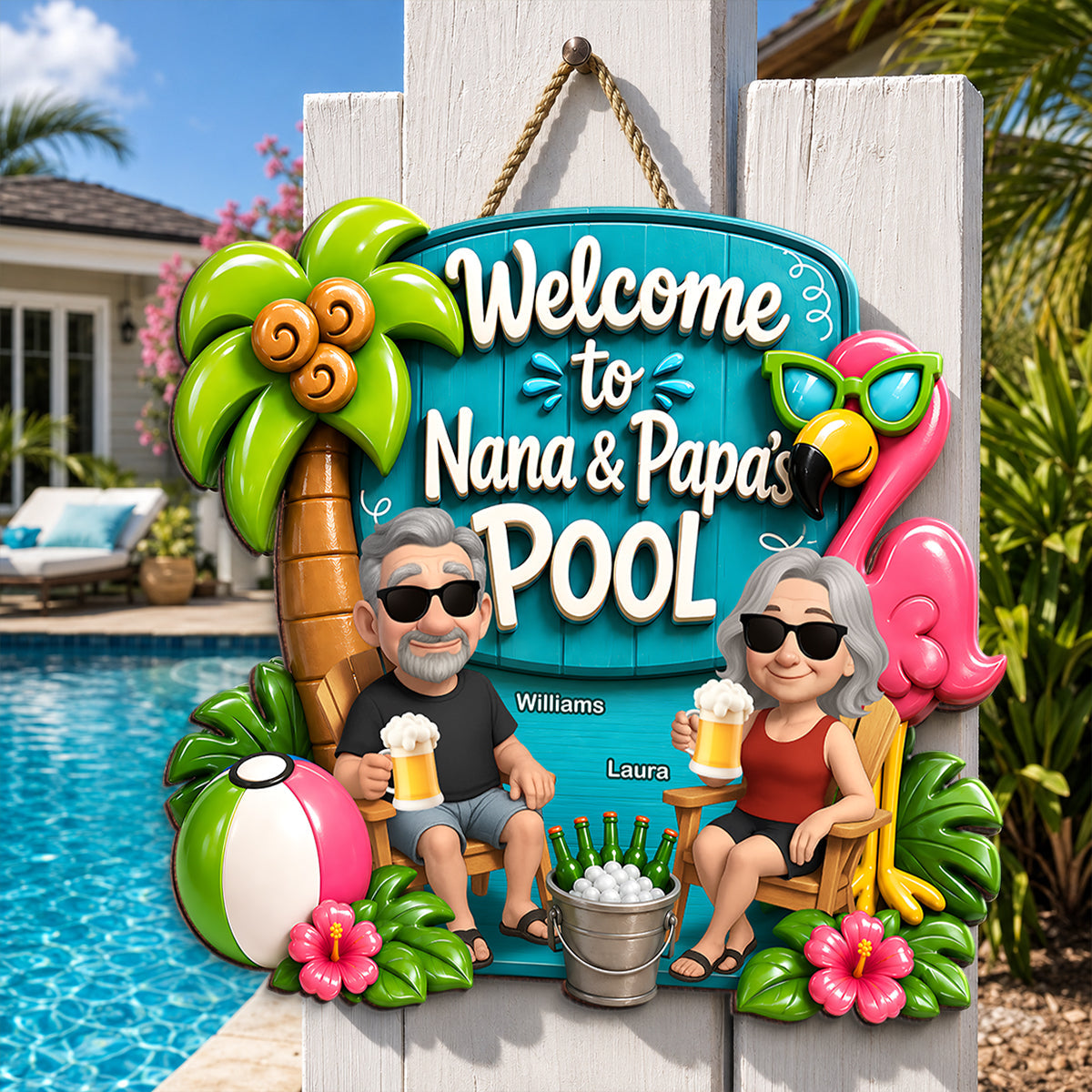 Welcome To Nana & Papa's Pool Funny - Personalized Wood Sign - Gift For Grandpa, Grandma, Summer Decorations