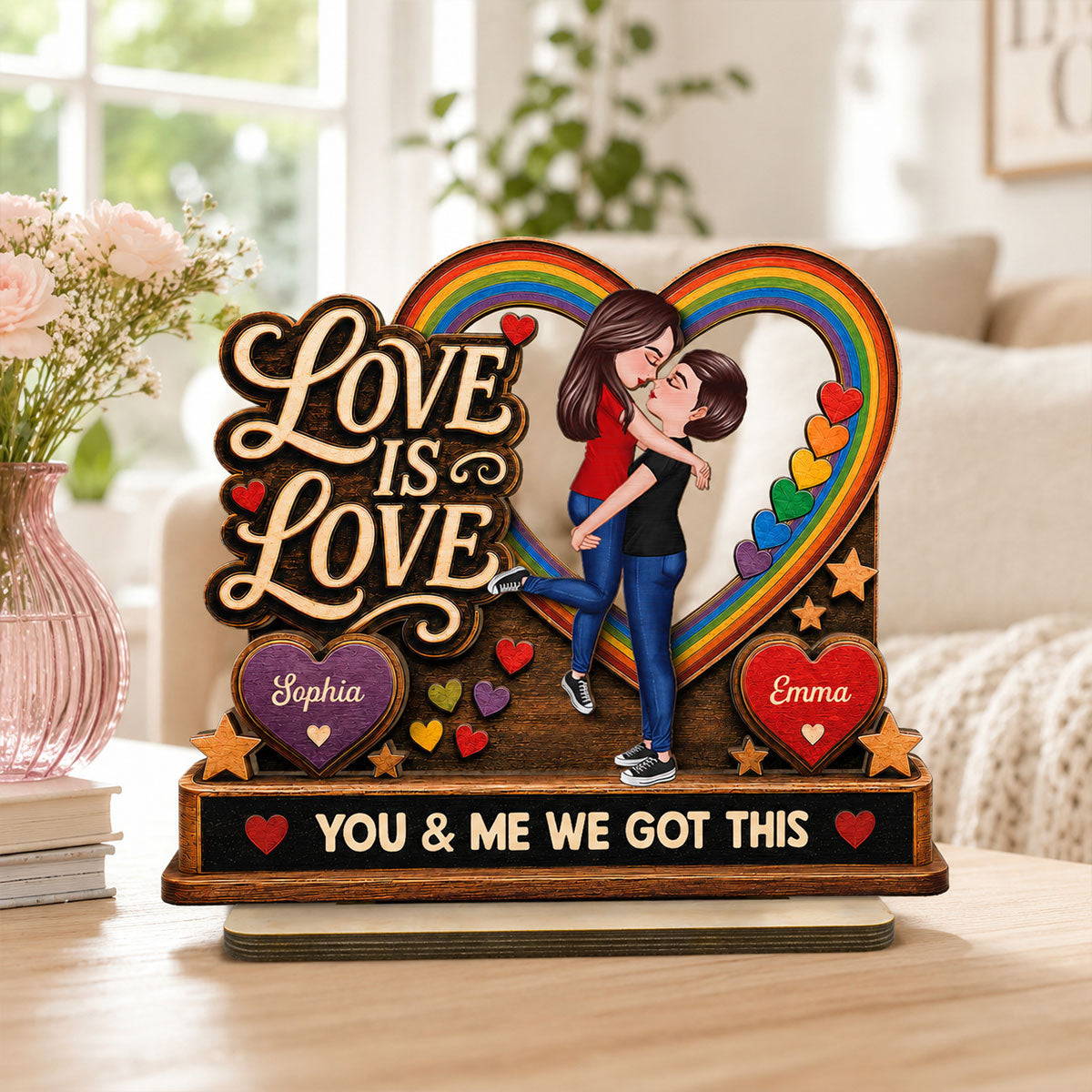 Love Is Love LGBTQ+ Couple Kissing - Personalized 2-Layered Wooden Plaque - Pride Month Gift For Couple