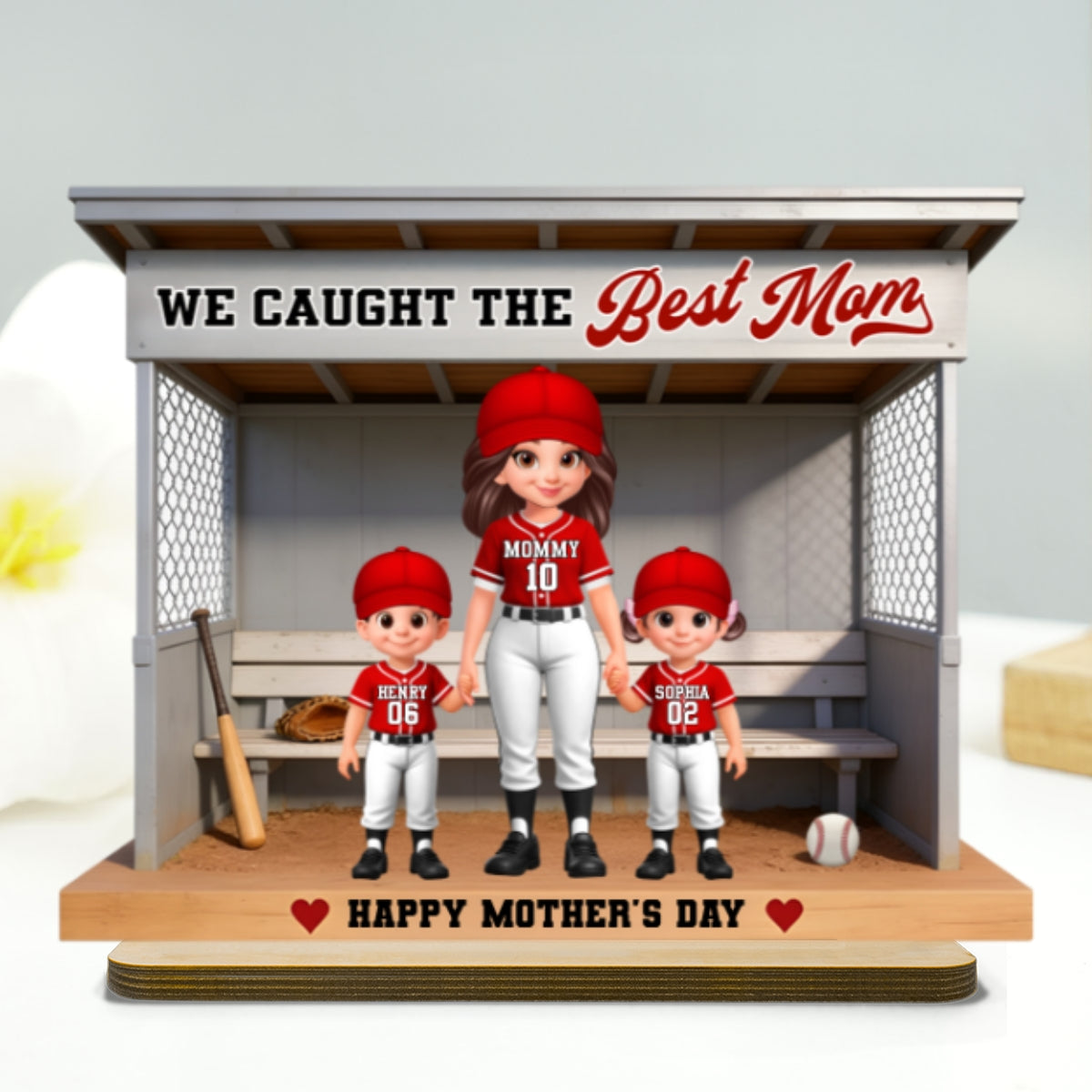 Baseball Softball We Caught The Best Mom - Personalized 2-Layered Wooden Plaque - Mother's Day Gift For Baseball Mom