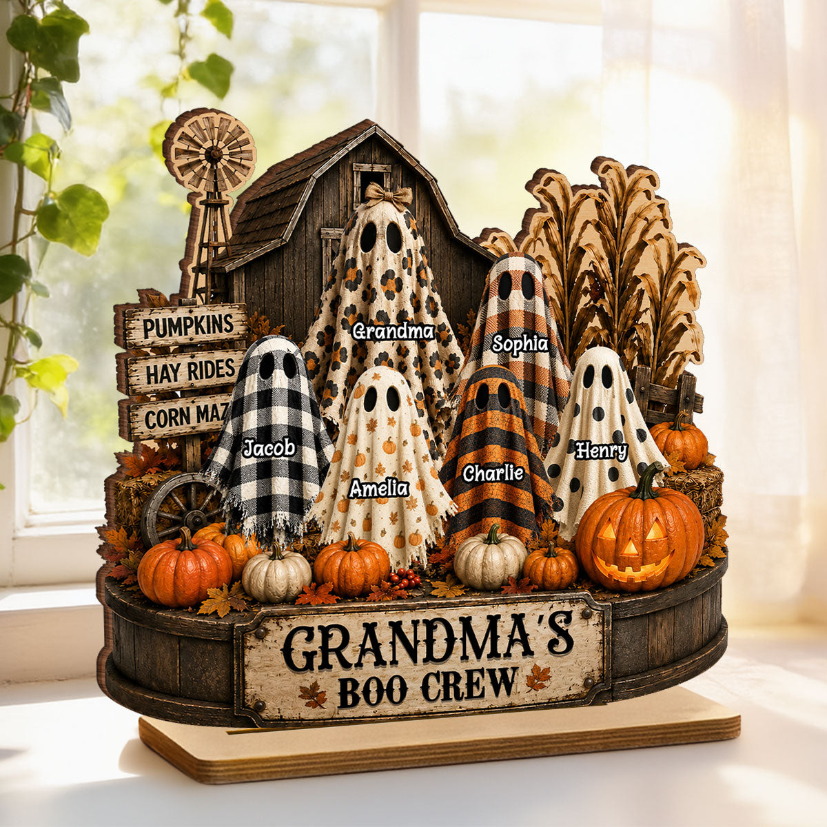 Grandma's Boo Crew Pumpkin Patch - Personalized 2-Layered Wooden Plaque - Halloween Fall Decor for Grandma