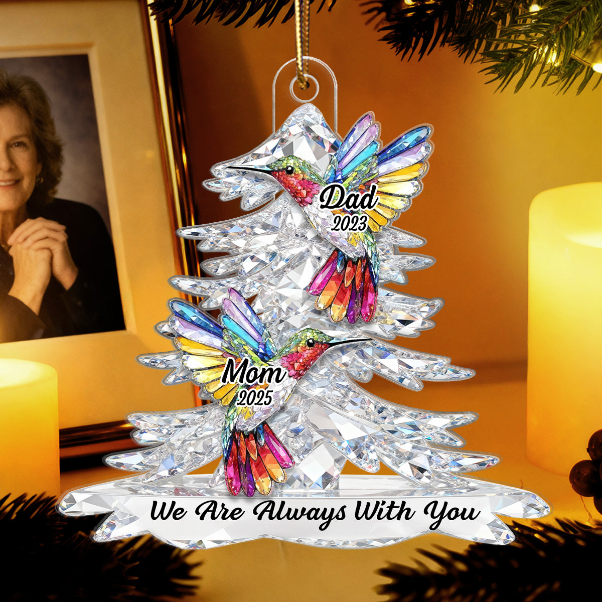3D Effect Flat Christmas Tree Hummingbird Memorial - Personalized Acrylic Ornament - Remembrance Gift, Sympathy Gift