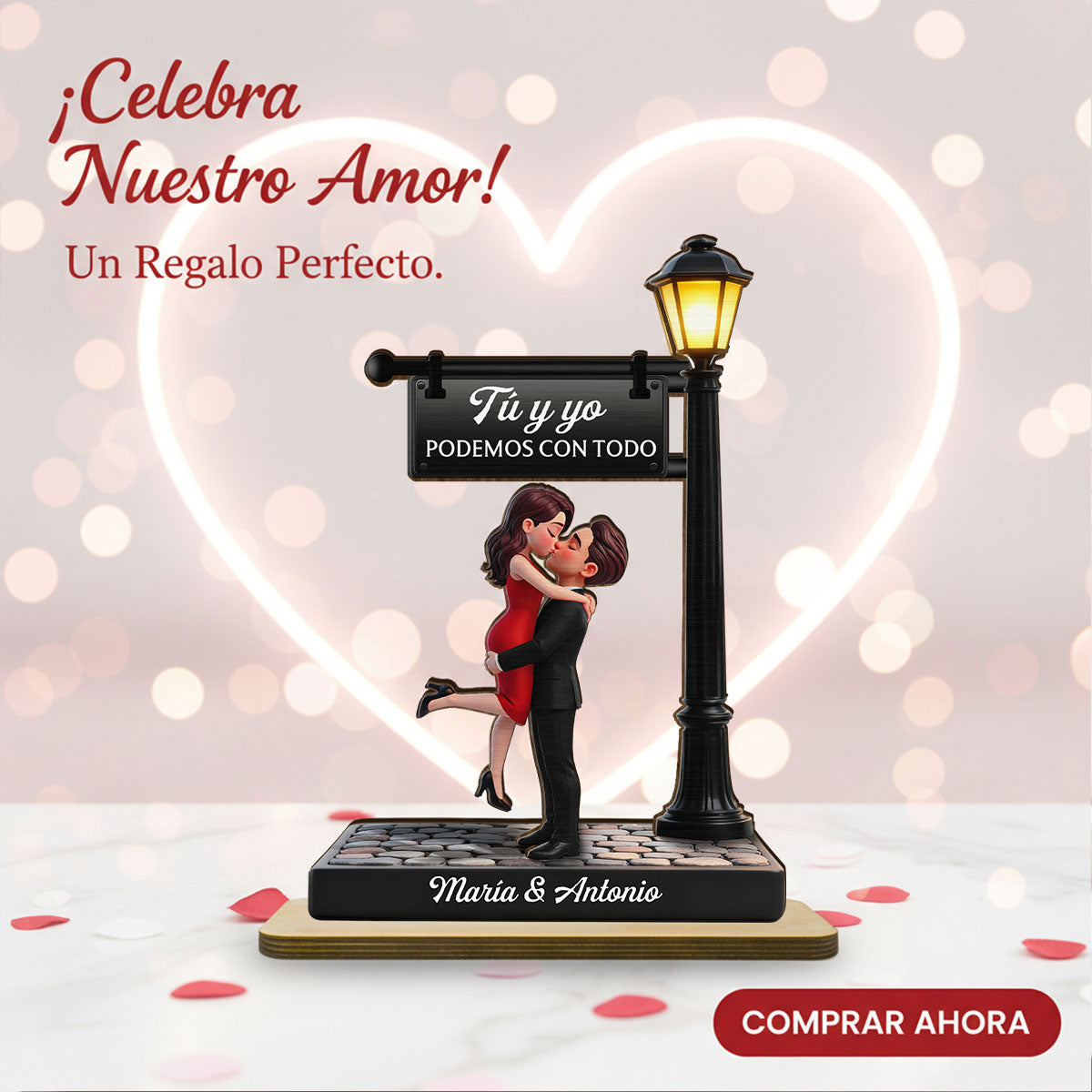 Romantic Spanish Couple Hugging Kissing Under Street Lamp Post - Personalized 2-Layered Wooden Plaque - Heartfelt Gift For Couple