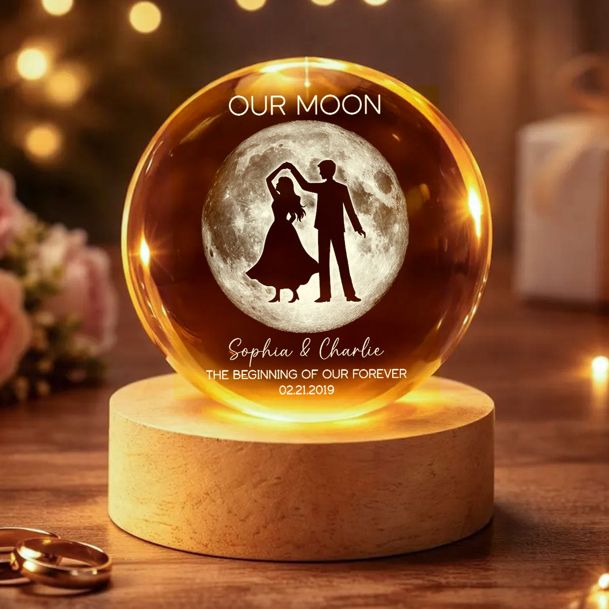 Couple Dancing in the Moonlight, Custom Moon Phase by Date - Personalized Crystal Ball LED Night Light, Sentimental Valentine's Day Gift for Her, for Him