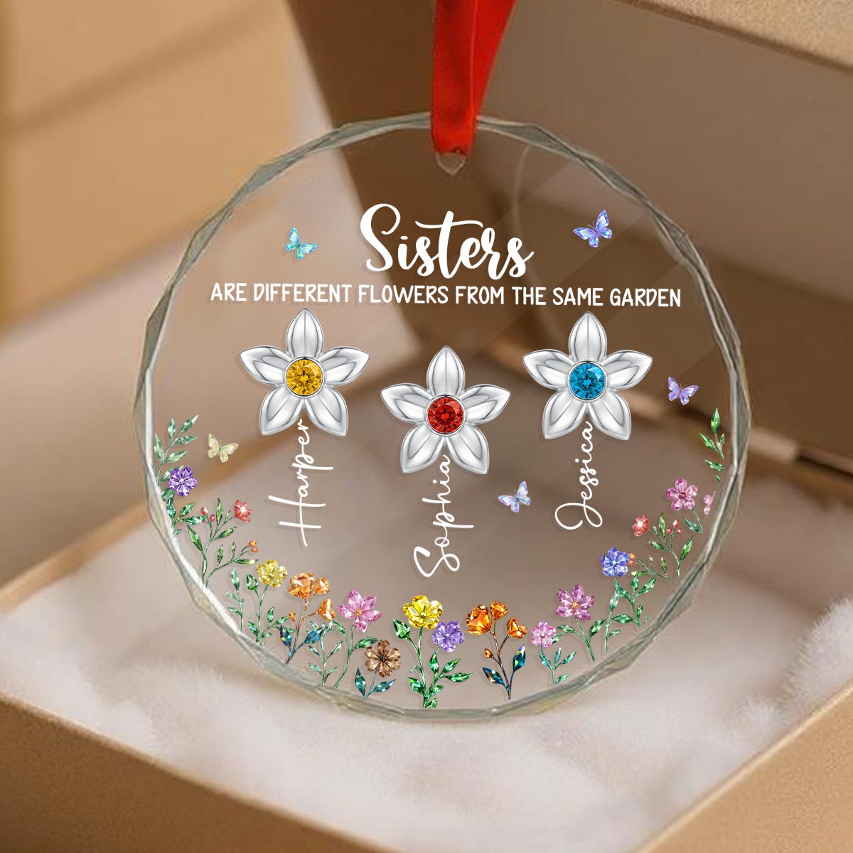 3D Birthstone Effect Custom Color Sisters Different Flowers From Same Garden - Personalized Glass Ornament - Gift For Sisters