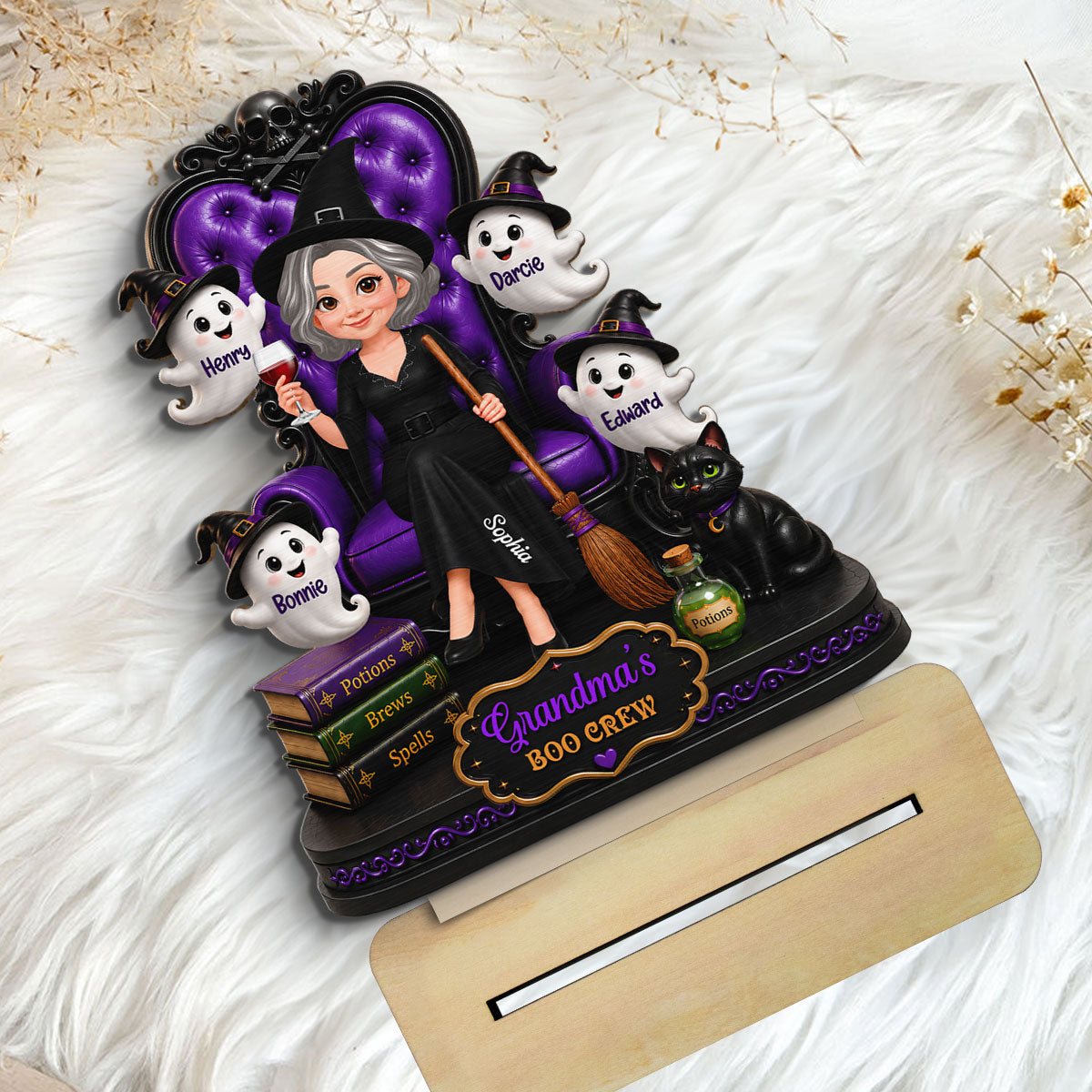 Grandma Witch Sitting On Chair 2D Flat - Personalized Wooden Plaque - Halloween Decoration