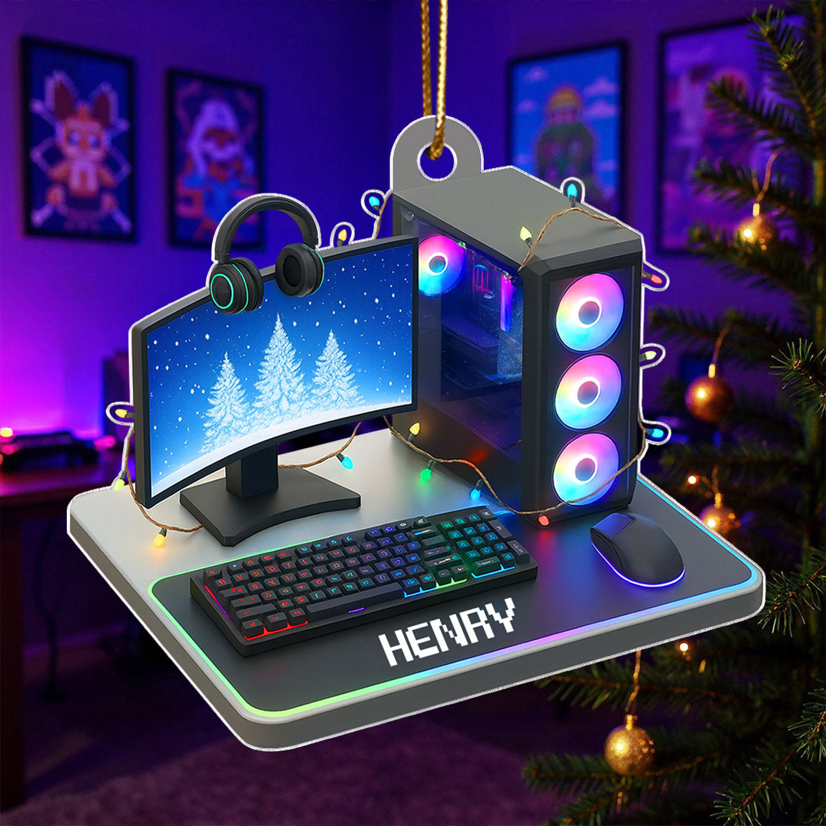 Custom Gamer Name PC Set Up - Personalized Acrylic Ornament - Christmas Gift for Gamers, Teen Boy, Teen Girl
