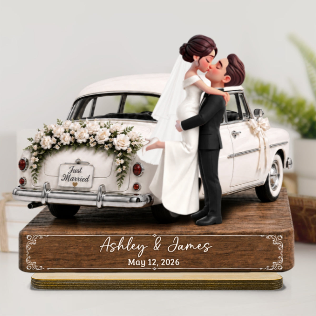 Newlywed Couple Wedding Car 2D Flat - Personalized Wooden Plaque - Wedding Gift Anniversary Gift Newlywed Gift