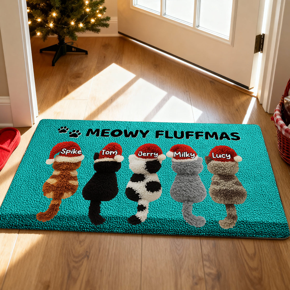 Meowy Fluffymas Funny Cats Latch Hook Yarn Faux - Personalized Doormat - Christmas Decor for Pet Lovers