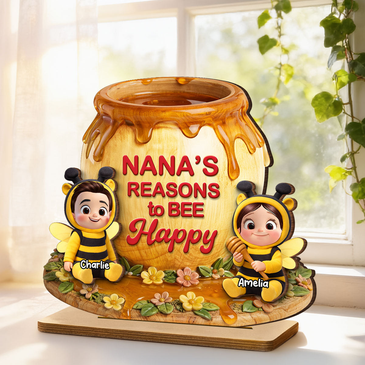 Reasons to Bee Happy - Personalized 2-Layered Wooden Plaque - Heartfelt Mother's Day Gift for Mom, Grandma