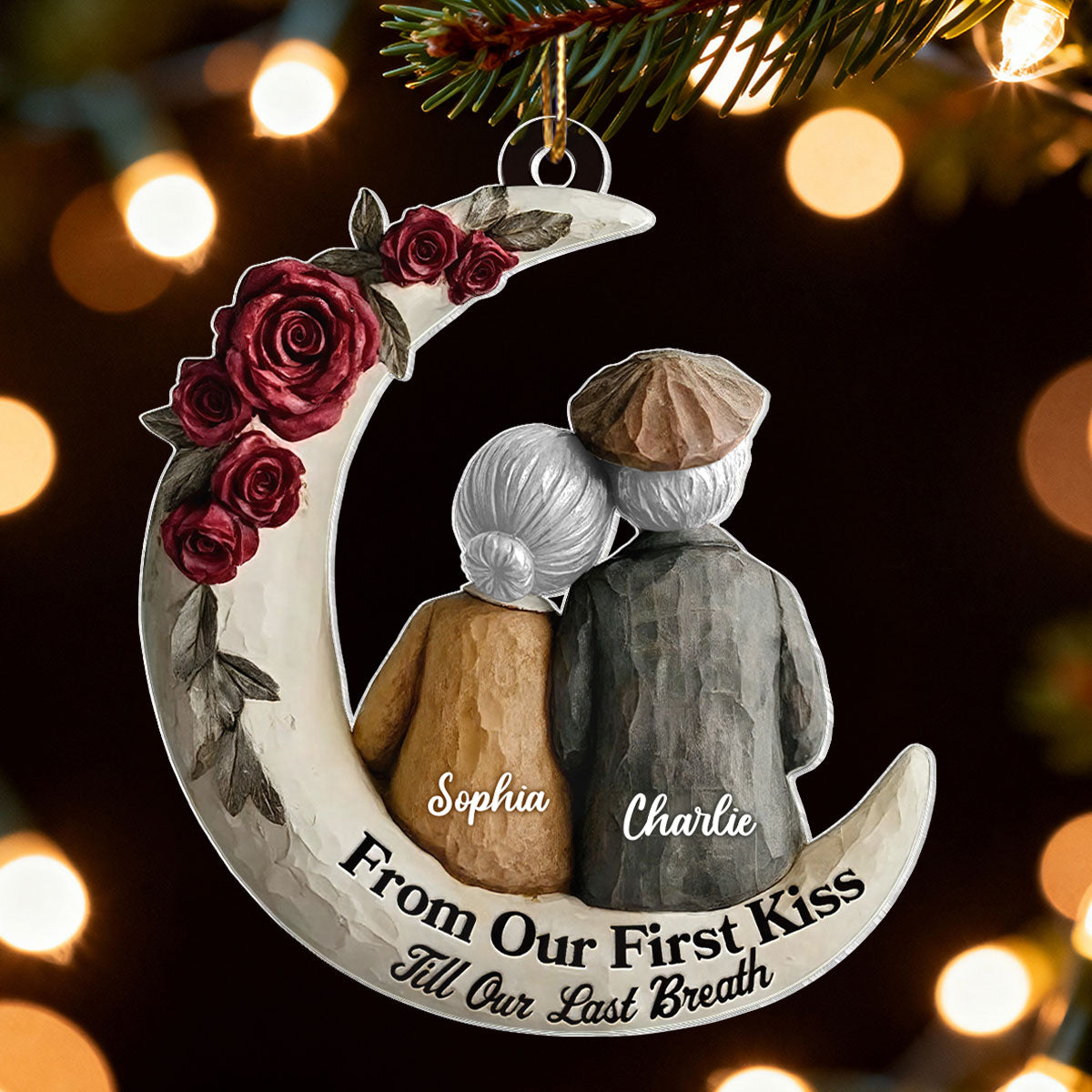 Couple On The Moon Faux Wood - Personalized Acrylic Ornament - Heartwarming Christmas Gift For Him, For Her, For Couple