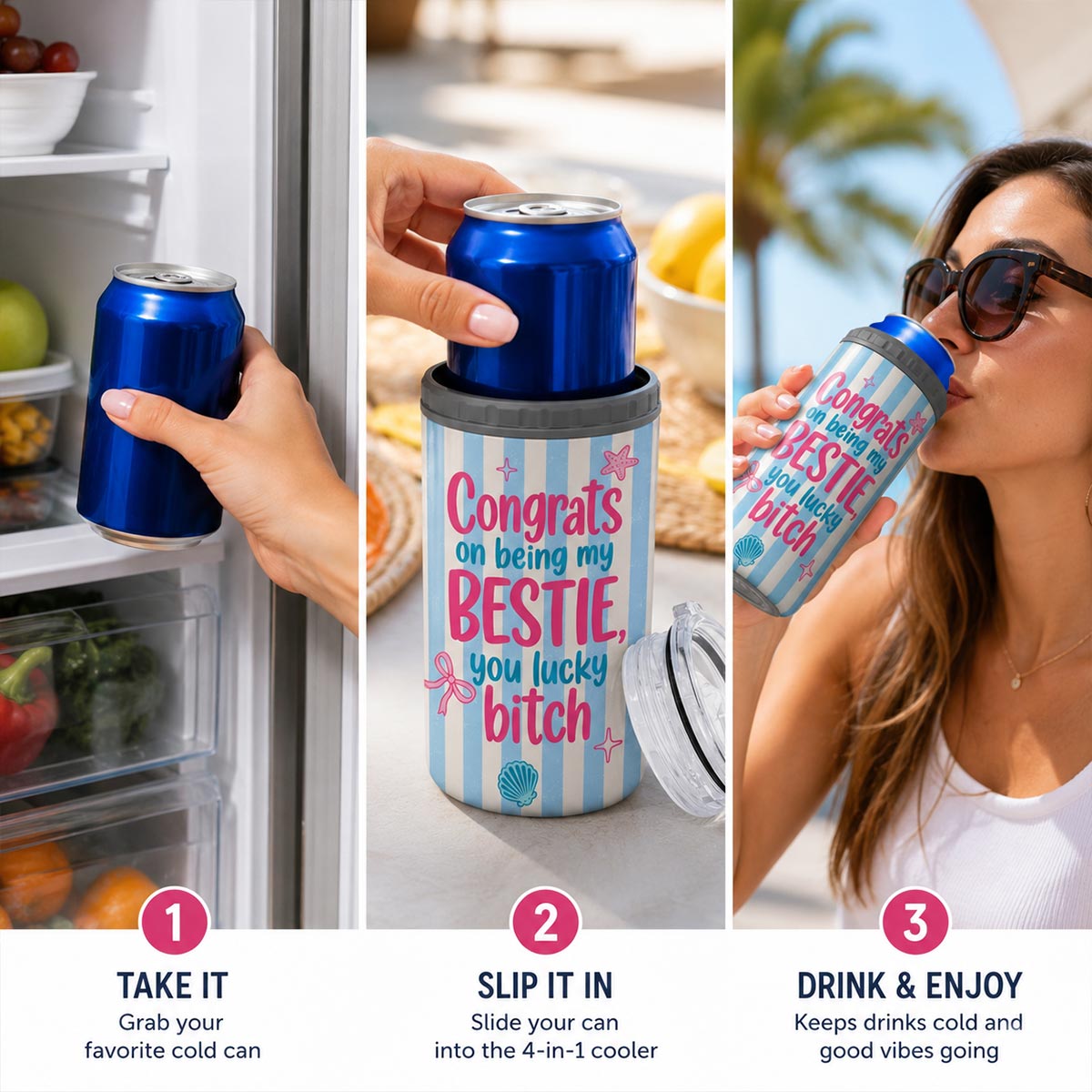 Congrats On Being My Bestie Stripe Style - Personalized Can Cooler - Summer
