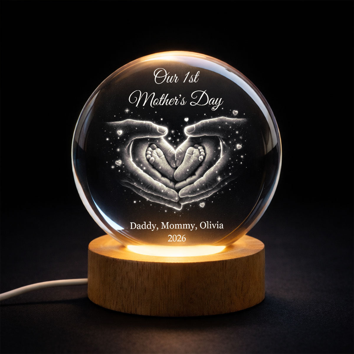 Our Family Heart Handprint - Personalized Crystal Ball LED Night Light - Sentimental Gift for Mom, Dad