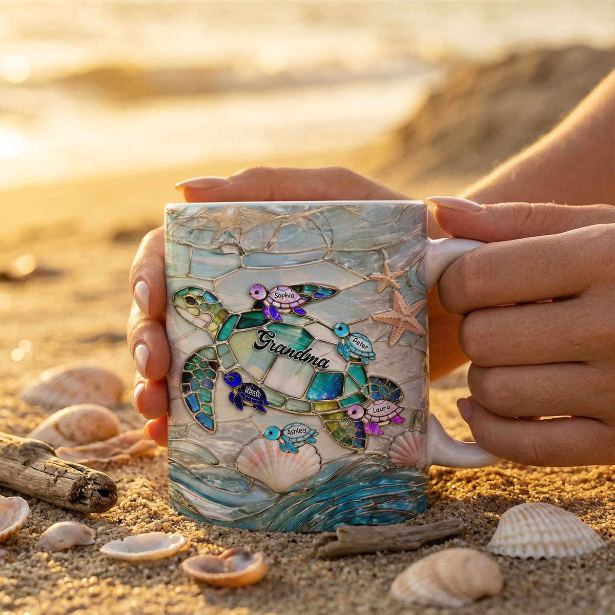 Mom Grandma Ocean Breeze Turtle - Personalized Mug - Heartfelt Mother's Day Gift for Grandma, Mom, Wife