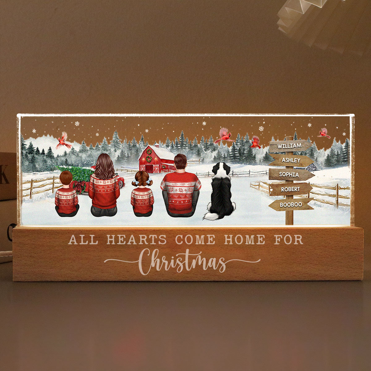 Christmas Family Sitting Truck Red Barn Personalized Acrylic Block LED Night Light