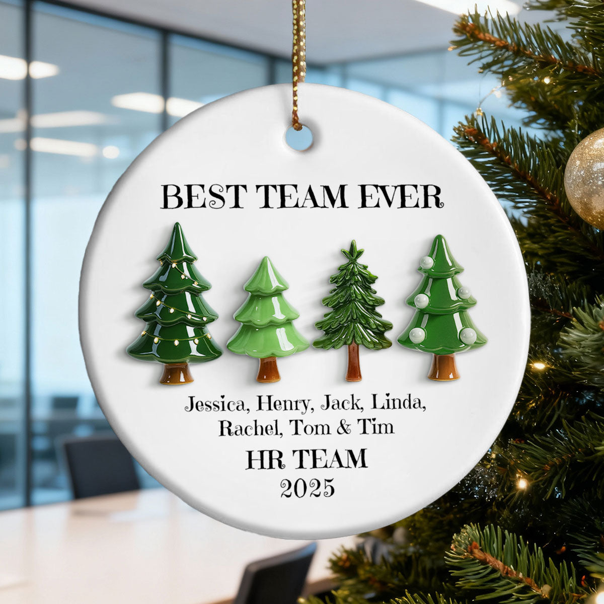Best Team Ever Christmas Tree Line 3D Effect - Personalized Ceramic Ornament - Gift For Colleagues, Coworkers