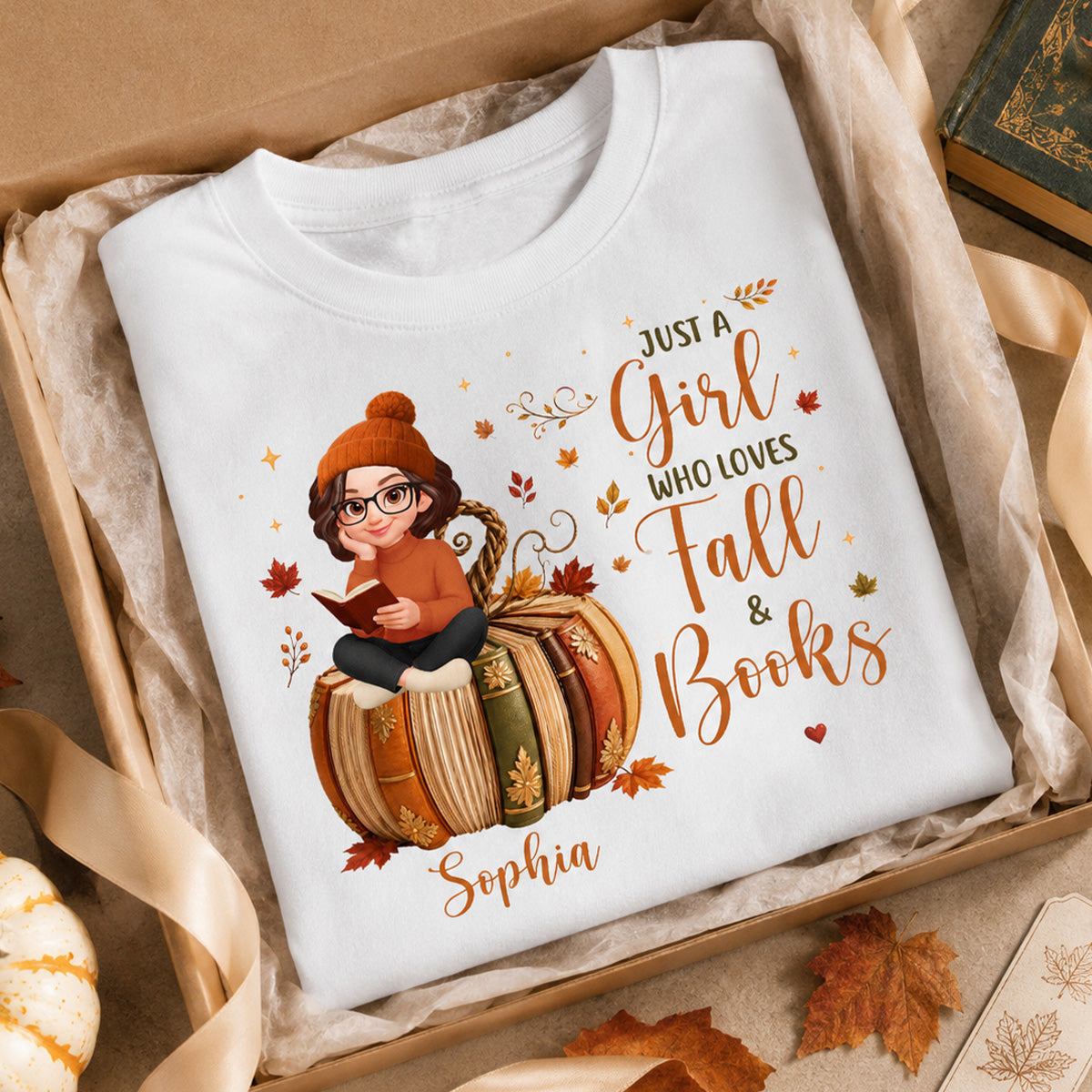 All Booked For Fall Girl Reading Book On Fall Book Pumpkin - Personalized Shirt - Fall Season Gift For Book Lover