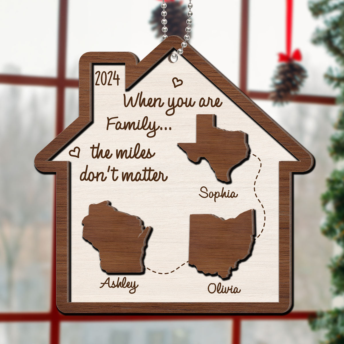 Long Distance Family State Maps Personalized 2-Layer Wooden Ornament, Togetherness Ornament