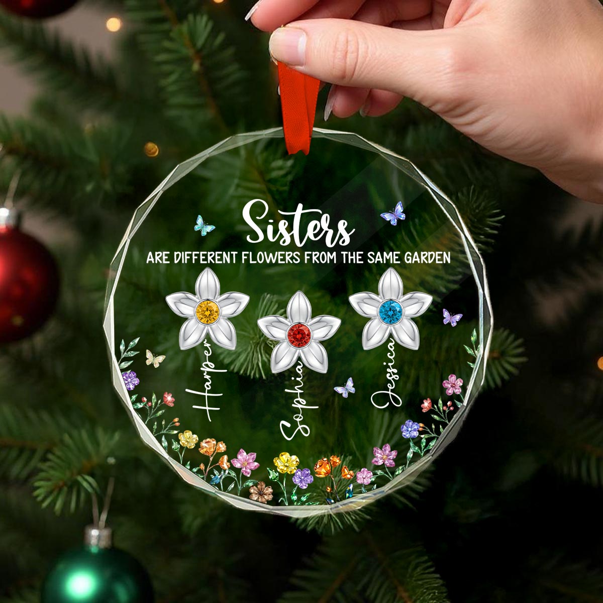 3D Birthstone Effect Custom Color Sisters Different Flowers From Same Garden - Personalized Glass Ornament - Gift For Sisters